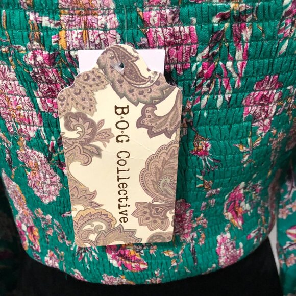B.O.G Collective Green & Pink Floral Square Neck Smocked Long Sleeve Blouse M - Picture 2 of 8